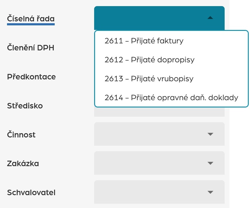 Výběr číselné řady v detailu dokumentu