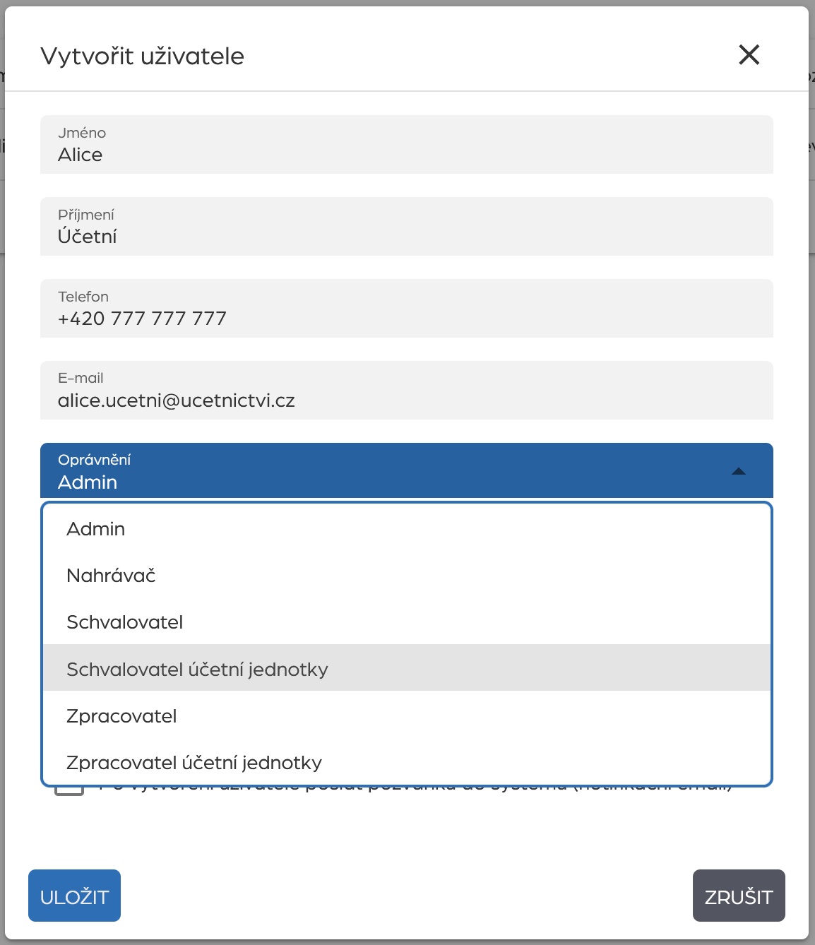 Přidání nového uživatele