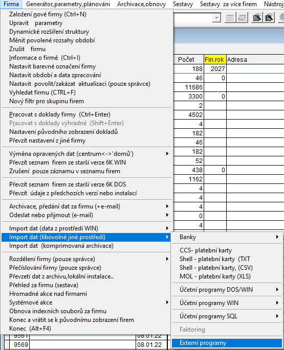 Menu Externí programy