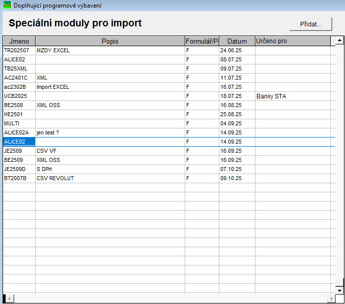Speciální moduly pro import