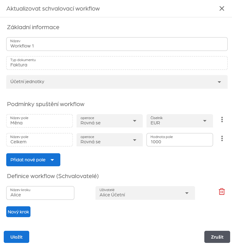 Příklad schvalovacího workflow s podmínkami Měna rovná se EUR a Celkem je větší než 1000