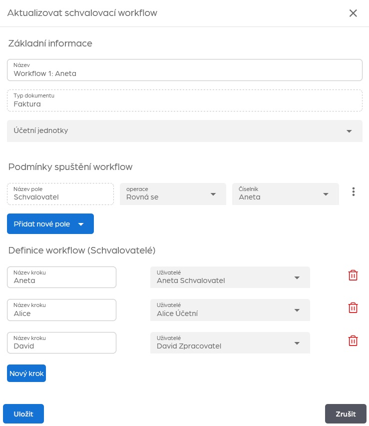 Schvalovací workflow pro konkrétního uživatele